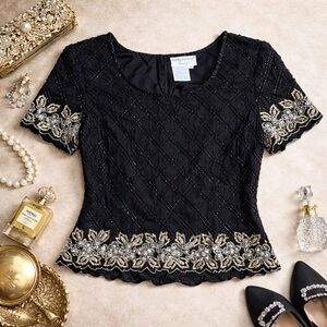 Vintage Papell Boutique Evening Black Silk Beaded Top Art Deco Revival Blouse